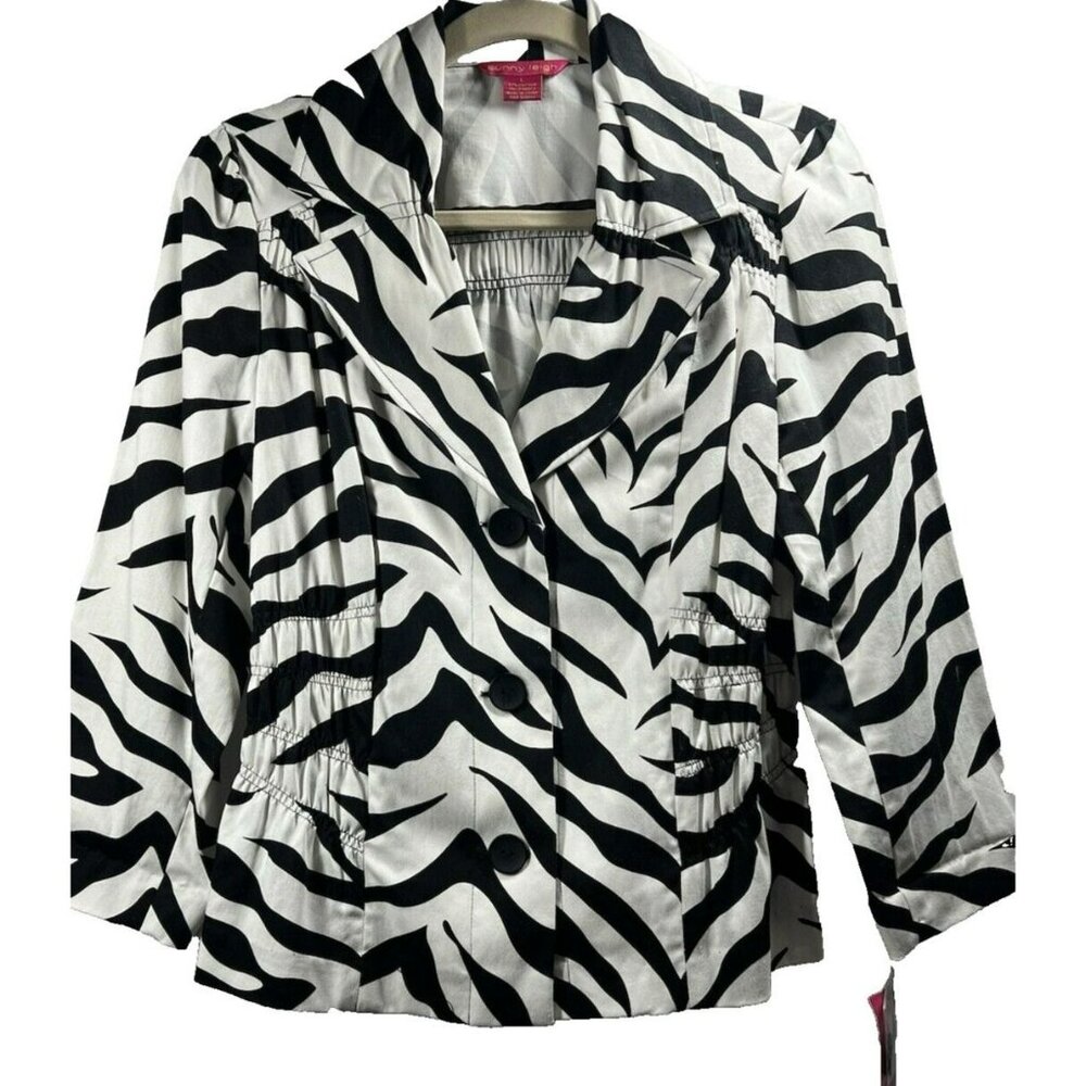 Sunny Leigh Y2K Vtg NWT Animal Zebra Jacket Blazer L Cotton Ruched Puff Sleeves